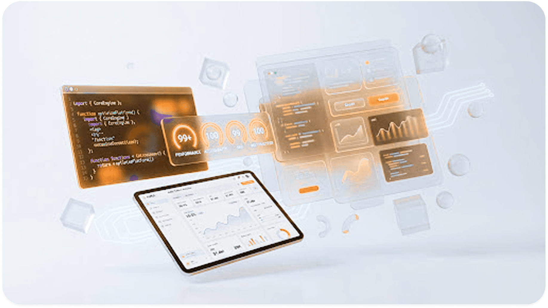 Illustration of a business website, dashboard and automation workflow